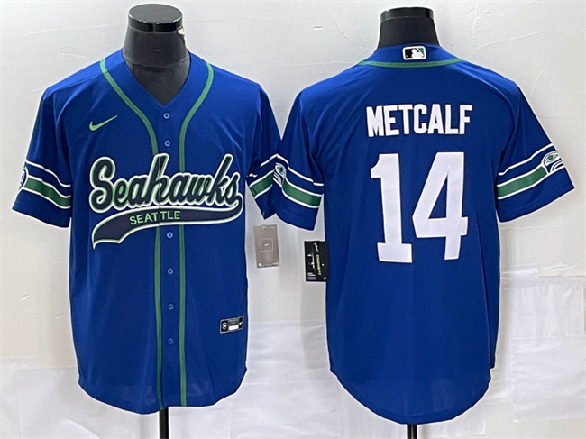 Men's Seattle Seahawks #14 DK Metcalf Royal Throwback Cool Base Stitched Baseball Jersey - Click Image to Close